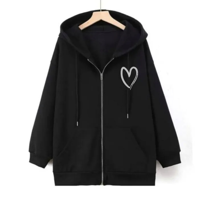 Black Zipper Heart Printed Comfy & Cozy Hoodies For Girls
